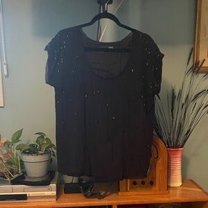 Eileen Fisher Silk Black Short Sleeve Beaded Scoop Neck Top